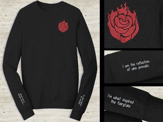 Ruby Rose Emblem Embroidered unisex Sweatshirt with Guide my way quote on sleeve Custom made black novelty pullover sweater for RWBY fans  Sweethaven Cottage   