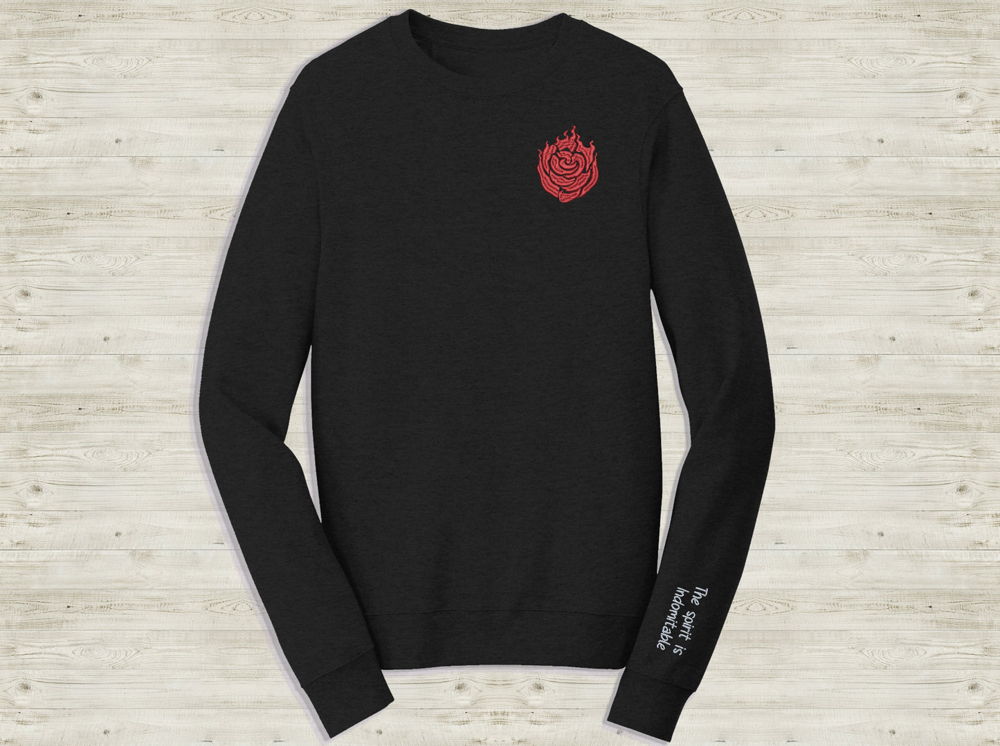 Ruby Rose Emblem Embroidered unisex Sweatshirt with Indomitable quote on sleeve Custom made black novelty pullover sweater for RWBY fans