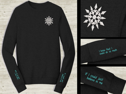 Weiss Schnee Emblem Embroidered unisex Sweatshirt with Mirror, Mirror II. quote on sleeves Black novelty pullover sweater for RWBY fans  Sweethaven Cottage   