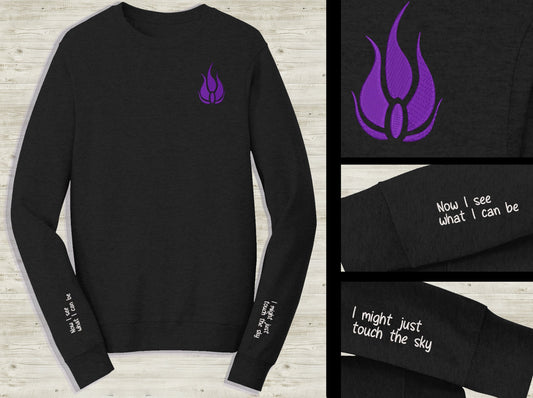 Blake Belladonna Emblem Embroidered unisex Sweatshirt Touch the sky quote on sleeve Custom made black novelty pullover sweater for RWBY fans  Sweethaven Cottage   