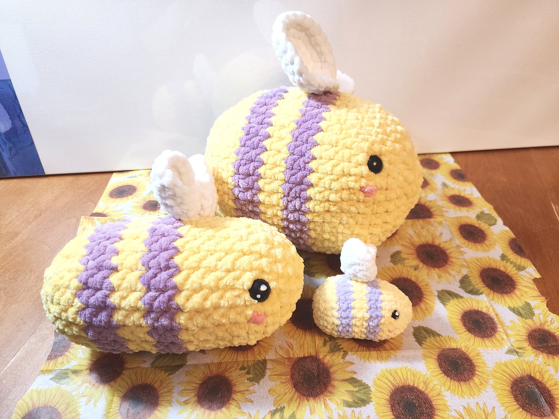 Handmade Big Squishy Crochet Bumblebee Plushie Cute Bumbleby Yellow and Purple fluffy soft honeybee amigurumi plush bee 3 sizes  Sweethaven Cottage   