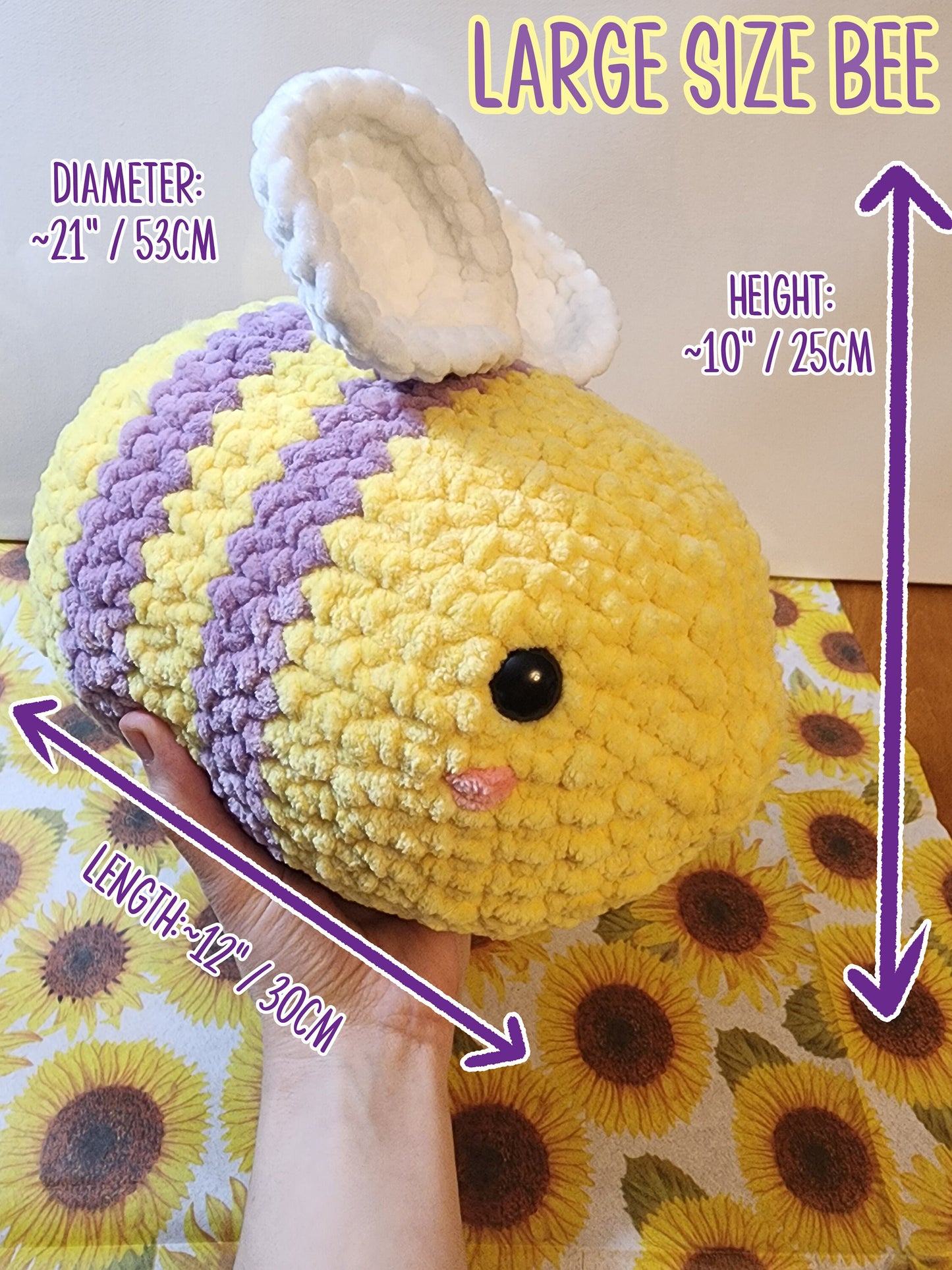 Handmade Big Squishy Crochet Bumblebee Plushie Cute Bumbleby Yellow and Purple fluffy soft honeybee amigurumi plush bee 3 sizes  Sweethaven Cottage   