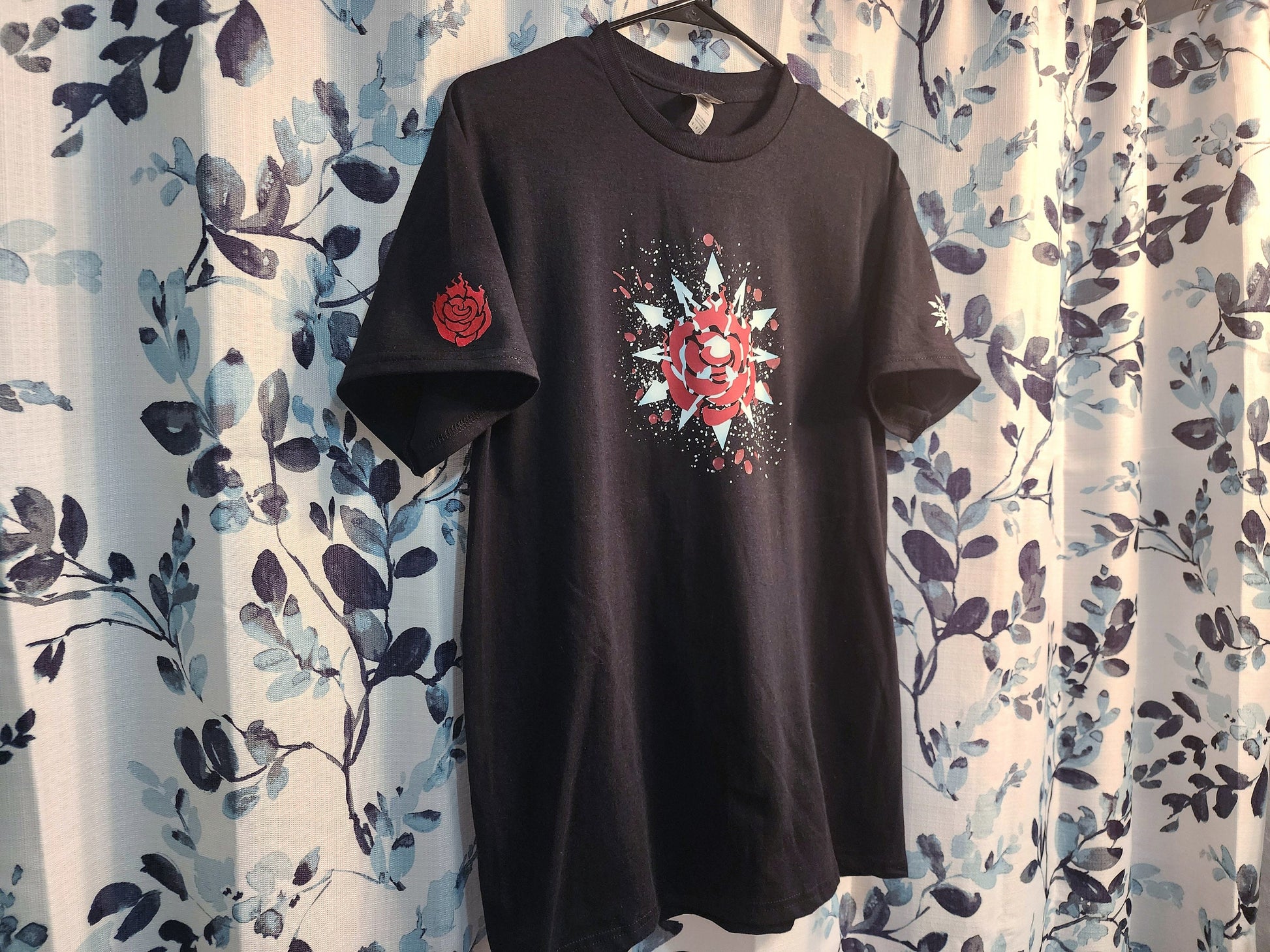 Custom WHITEROSE Emblem unisex T-shirt 100% cotton Ruby and Weiss symbols on sleeve WR White Rose black novelty shirt for RWBY fans  Sweethaven Cottage   