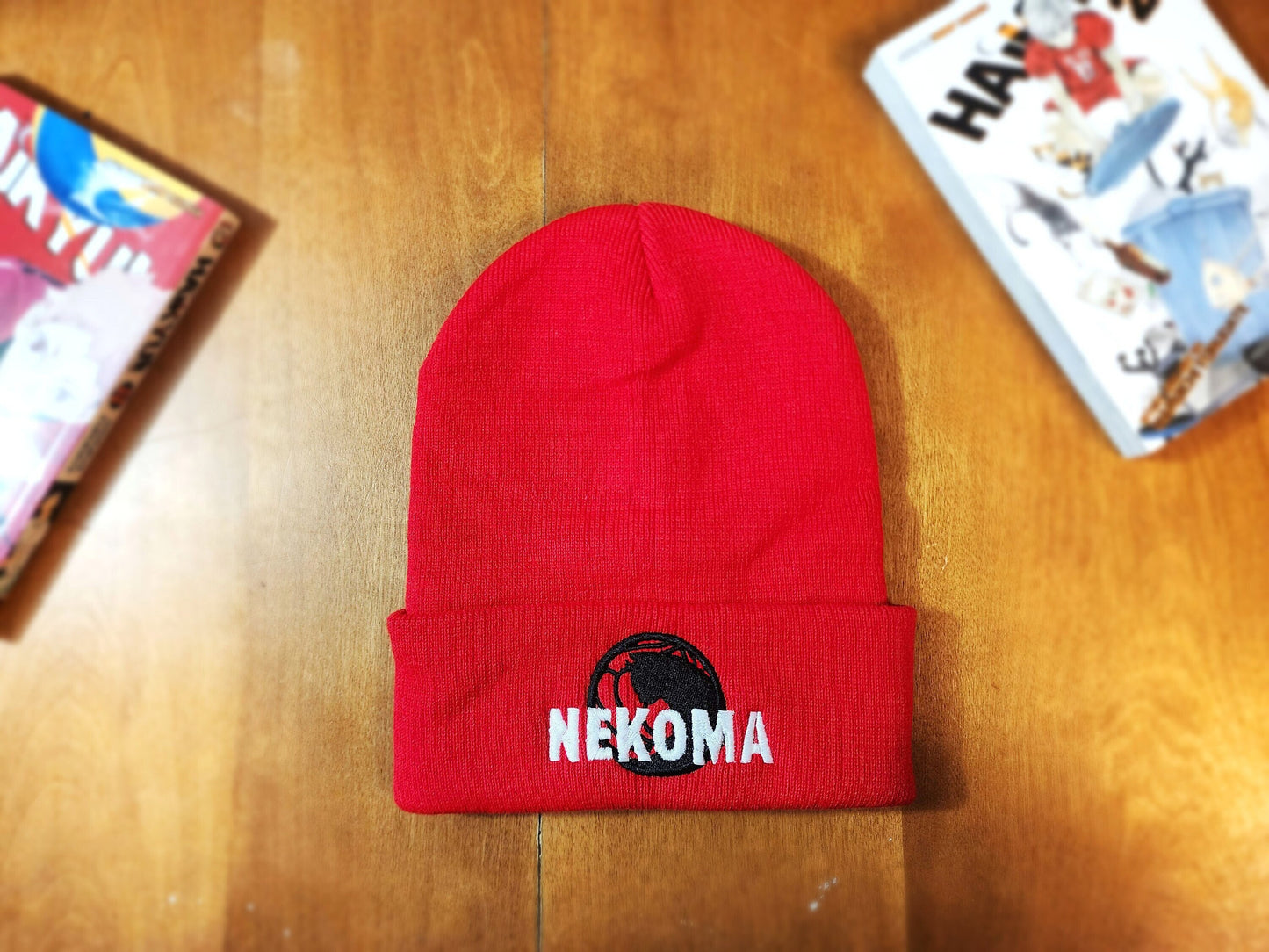 Nekoma Embroidered red Beanie hat | Custom cozy winter knitted skull cap Cats Volleyball team VBC Tokyo  Sweethaven Cottage   