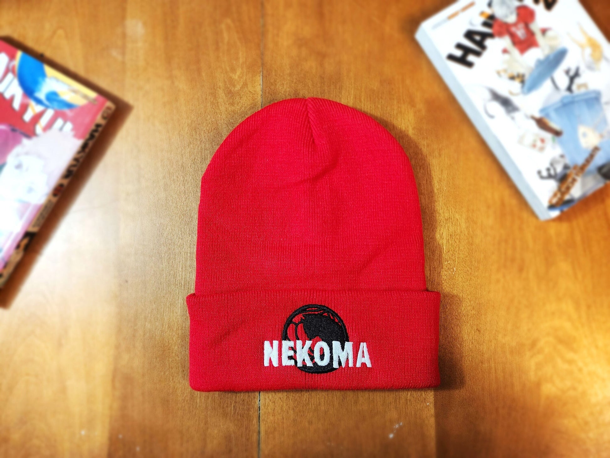 Nekoma Embroidered red Beanie hat | Custom cozy winter knitted skull cap Cats Volleyball team VBC Tokyo  Sweethaven Cottage   