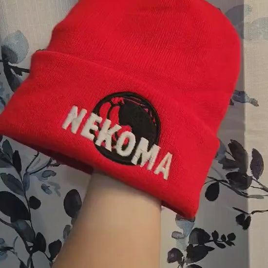 Nekoma Embroidered red Beanie hat | Custom cozy winter knitted skull cap Cats Volleyball team VBC Tokyo