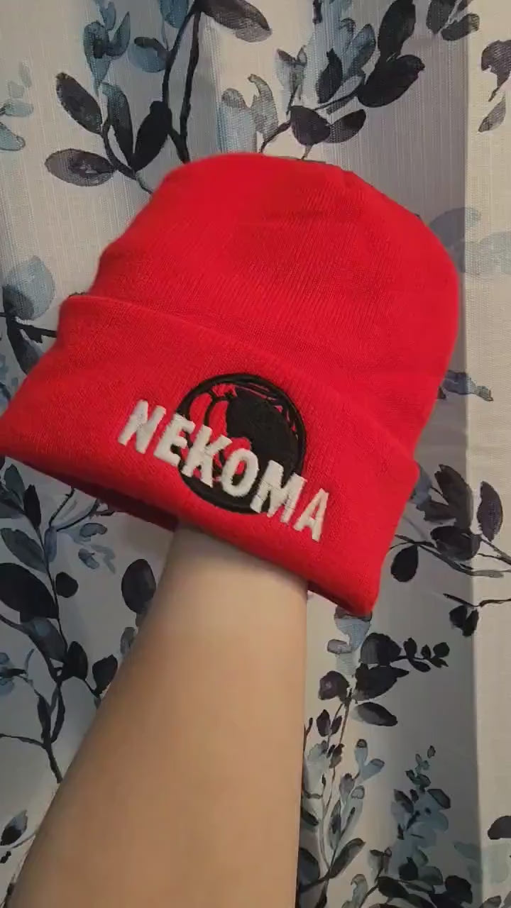 Nekoma Embroidered red Beanie hat | Custom cozy winter knitted skull cap Cats Volleyball team VBC Tokyo