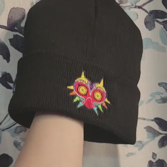 Majora's Mask Embroidered Beanie hat | Custom cozy winter knitted skull cap with TLoZ Skull Kid Majoras Mask