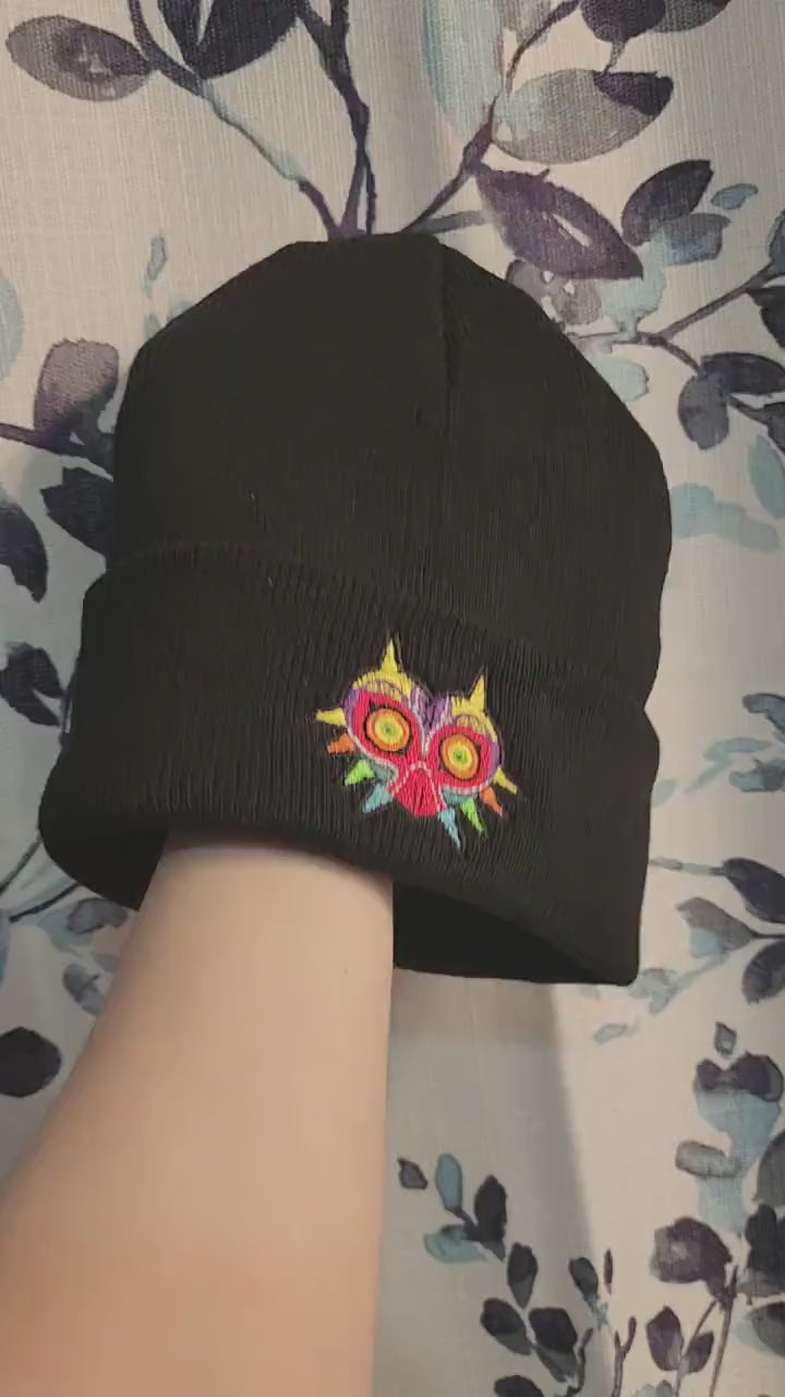 Majora's Mask Embroidered Beanie hat | Custom cozy winter knitted skull cap with TLoZ Skull Kid Majoras Mask