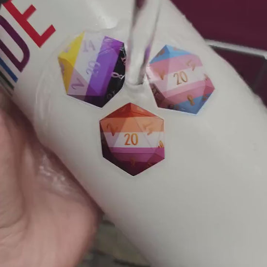 LGBTQIA PRIDE DICE Vinyl Sticker set of 9 Semi-glossy Dishwasher-safe laminated vinyl Progress Pride Polyhedral Dice stickers DnD D20 TTRpg