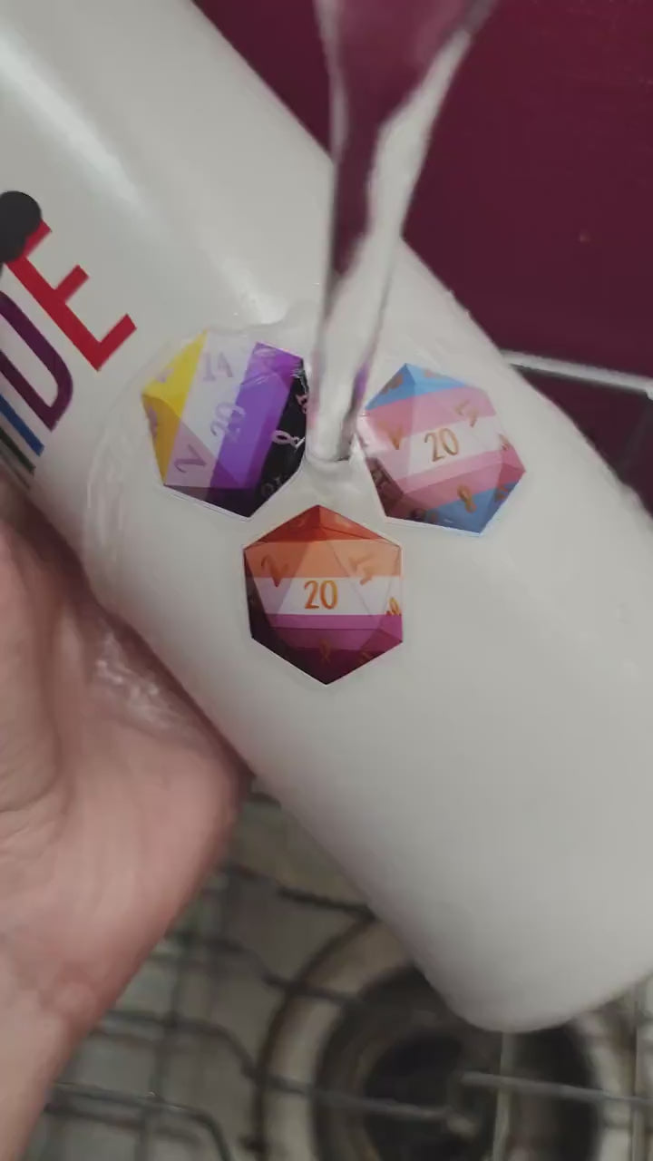 LGBTQIA PRIDE DICE Vinyl Sticker set of 9 Semi-glossy Dishwasher-safe laminated vinyl Progress Pride Polyhedral Dice stickers DnD D20 TTRpg